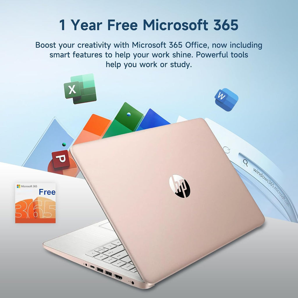 HP 14 Student-Laptop Back to School, Quad-Core Processor (Up to 3.6GHz) 8GB RAM 256GB Storage(128GB UFS + 128GB SD Card) Laptops for Student with 1-Year Office 365 Copilot AI Win11, Rose Gold