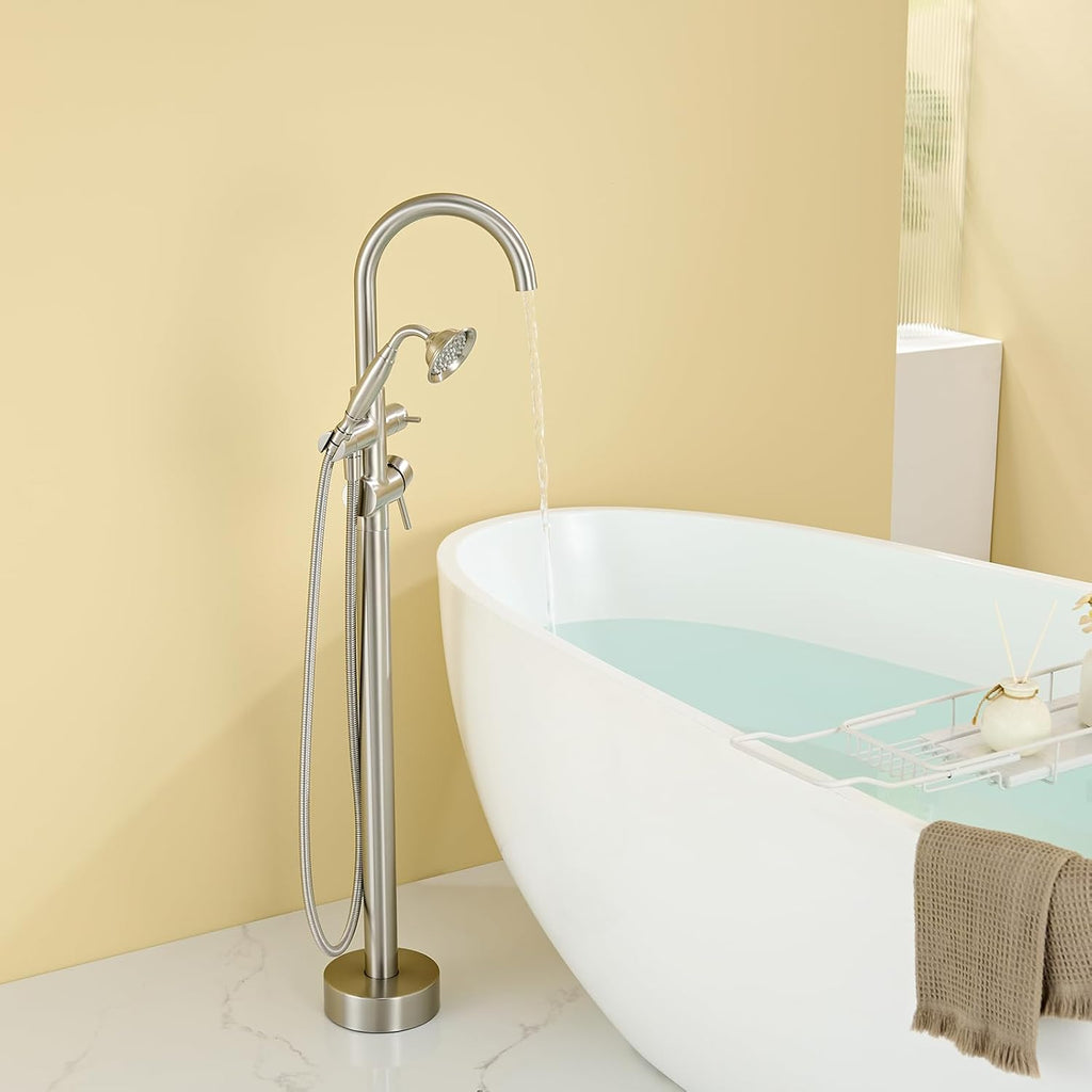 Wowkk Tub Filler Freestanding Bathtub Faucet Brushed Nickel Floor Mounted Brass Bathroom Tub Faucets with Hand Shower