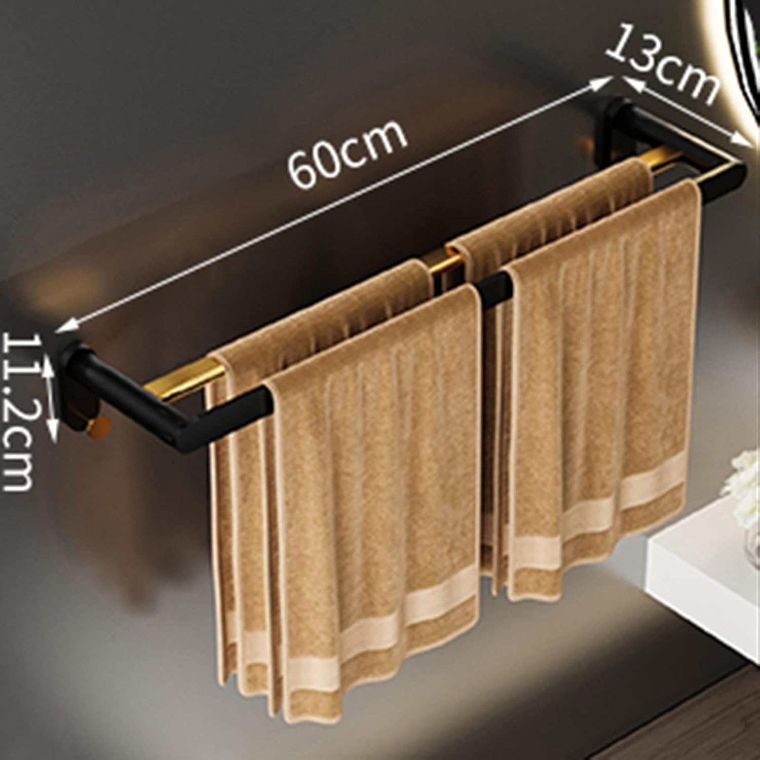Towel Rack Towel Hanger Adhesive Towel Holder No Drill Towel Bar Double Bar Wall Mounted with Hook Space Aluminum for Bathroom Kitchen,Black,60Cm Bathroom Hardware/Gold/6