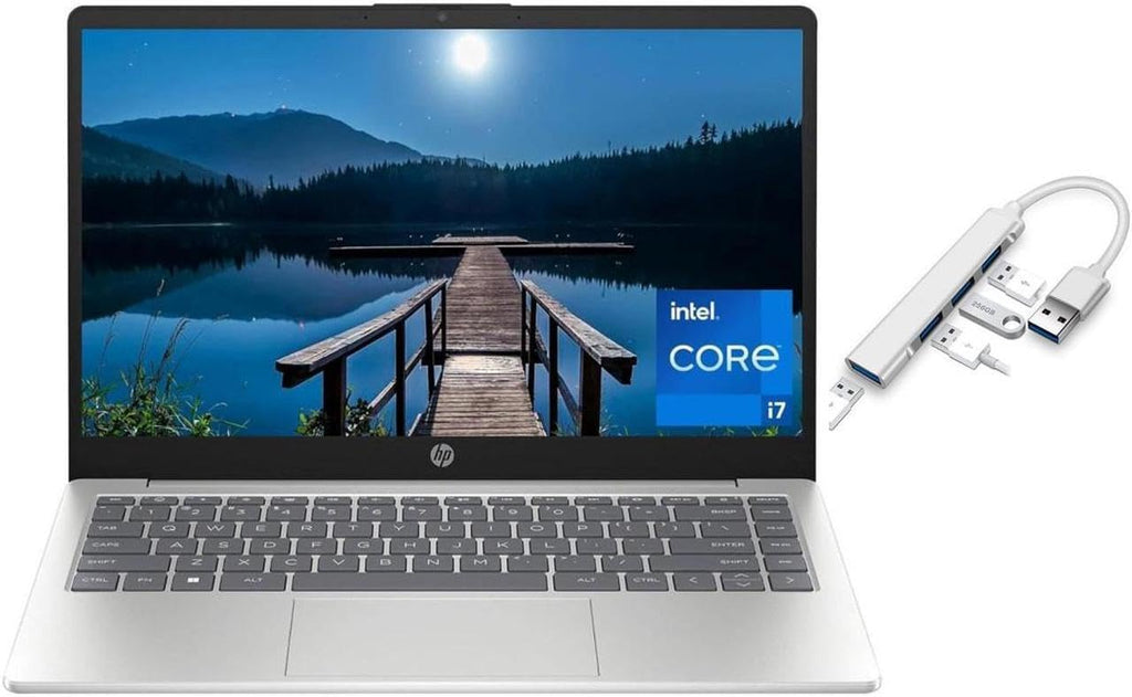 HP 14 inch FHD Display Slim Laptop | Intel Core i7-1355U Processor | Intel Iris Xe Graphics |Webcam | Silver | 32GB RAM | 512GB SSD | Windows 11 Home | Bundle with USB 3.0 Hub