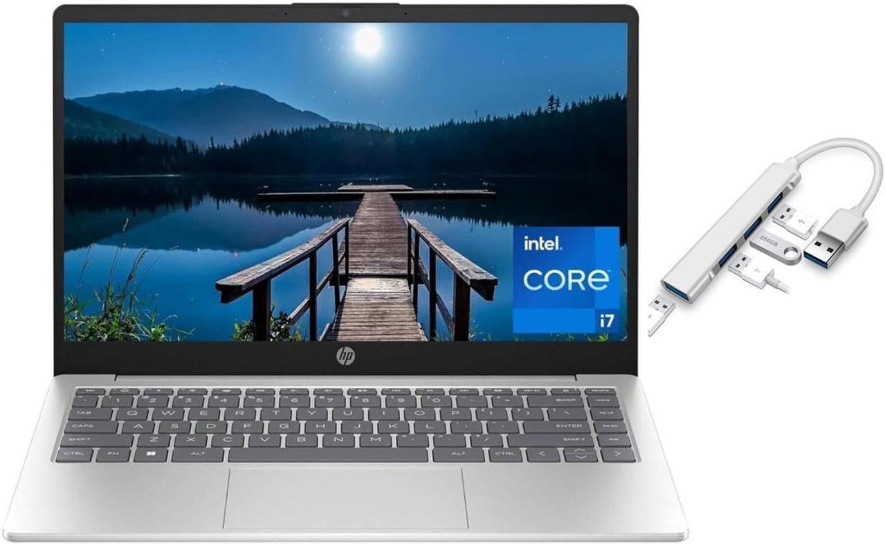 HP 14 inch FHD Display Slim Laptop | Intel Core i7-1355U Processor | Intel Iris Xe Graphics |Webcam | Silver | 32GB RAM | 512GB SSD | Windows 11 Home | Bundle with USB 3.0 Hub