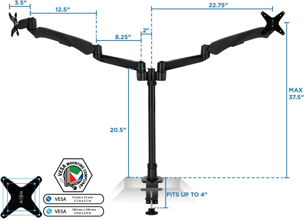 Mount-It! Premium Modular Dual Monitor Desk Mount Arms Stand | Double Gas Spring Arms Fits 19 21.5 24 27 32 Inch Computer Screens with 75 100 VESA Patterns | C-Clamp and Grommet Bases | Black