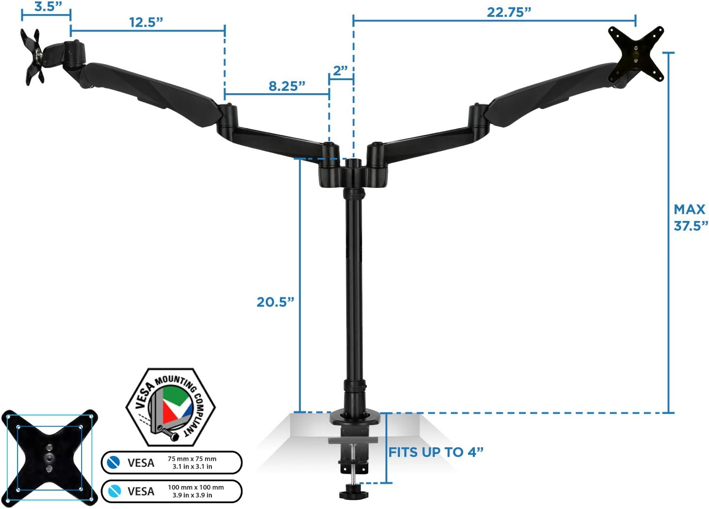 Mount-It! Premium Modular Dual Monitor Desk Mount Arms Stand | Double Gas Spring Arms Fits 19 21.5 24 27 32 Inch Computer Screens with 75 100 VESA Patterns | C-Clamp and Grommet Bases | Black