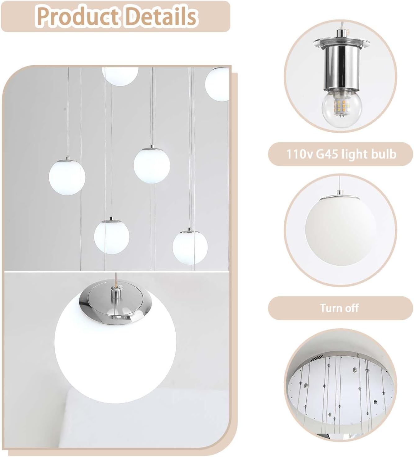ykolupty H 138' Large Chandelier with White Globe Glass Dimmable Ceiling Light Glass Pendant Light for Kitchen Island, Dining Room, Living Room, Entry Hallway, LED Bulbs Included