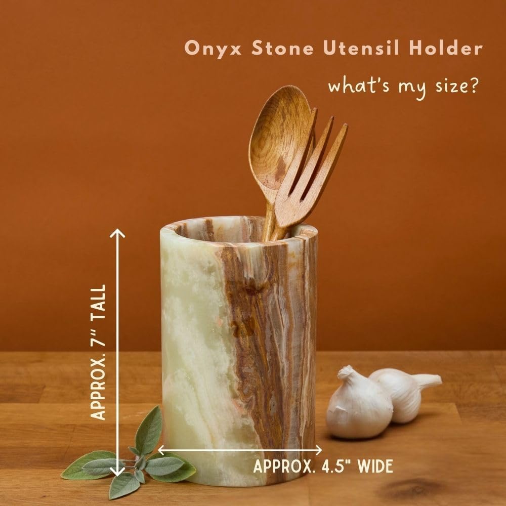 Utensil Holder, Spoon Rest, and Mortar Pestle, Onyx Marble, Set of 3