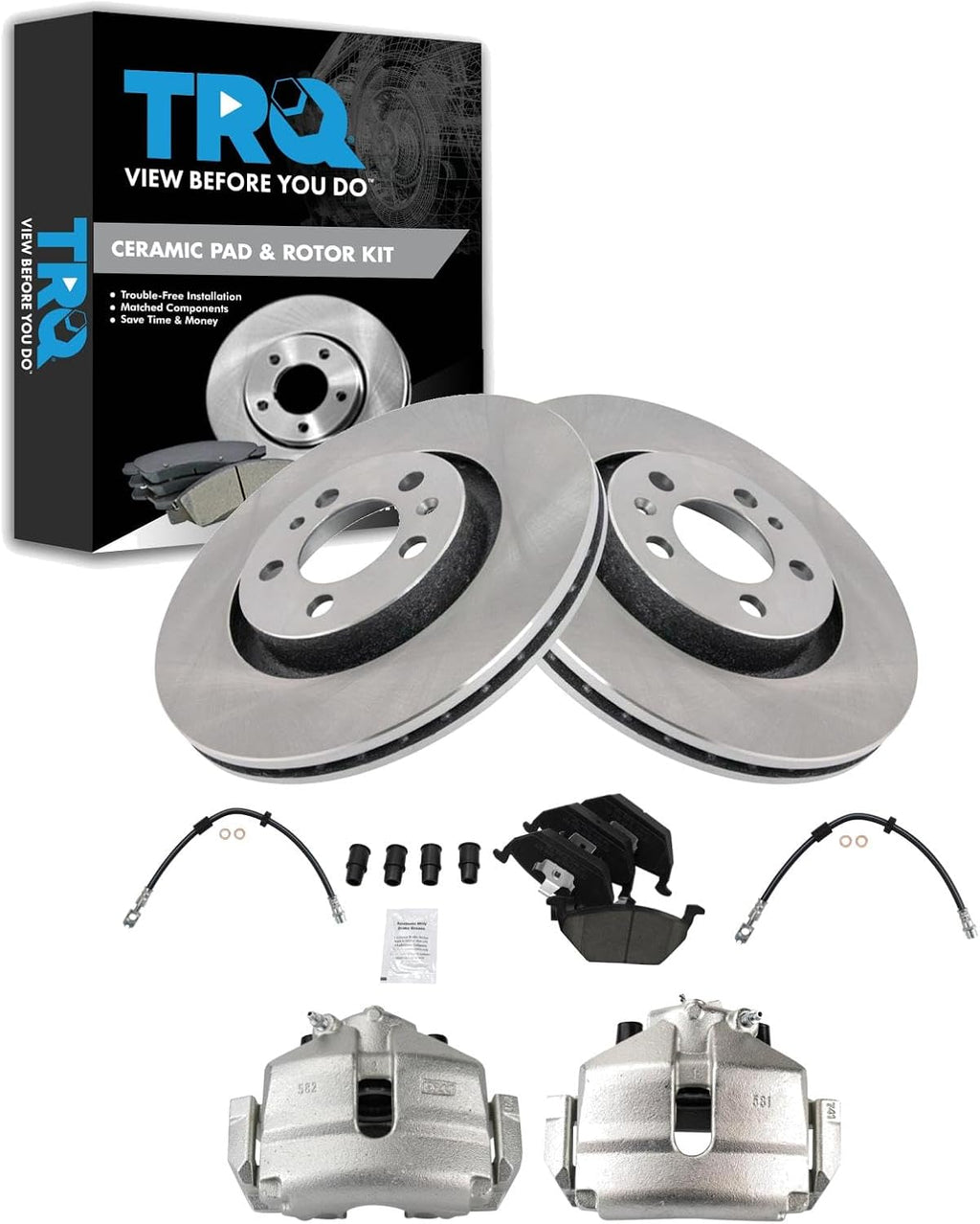 TRQ Front Brake Pad and Rotor Set Ceramic Rotors Calipers Hoses Compatible with 2005 Volkswagen Jetta