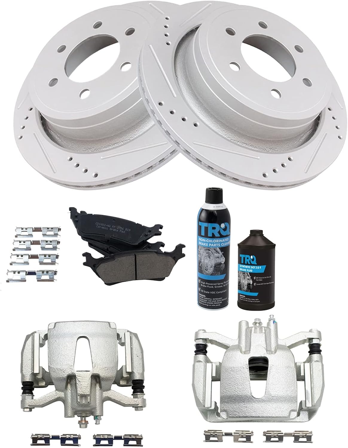 TRQ Rear Performance Brake Pad, Caliper, & Rotor Kit, with Chemical Kit Ceramic Premium G-Coated Compatible with 2012-2016 Ford F-150