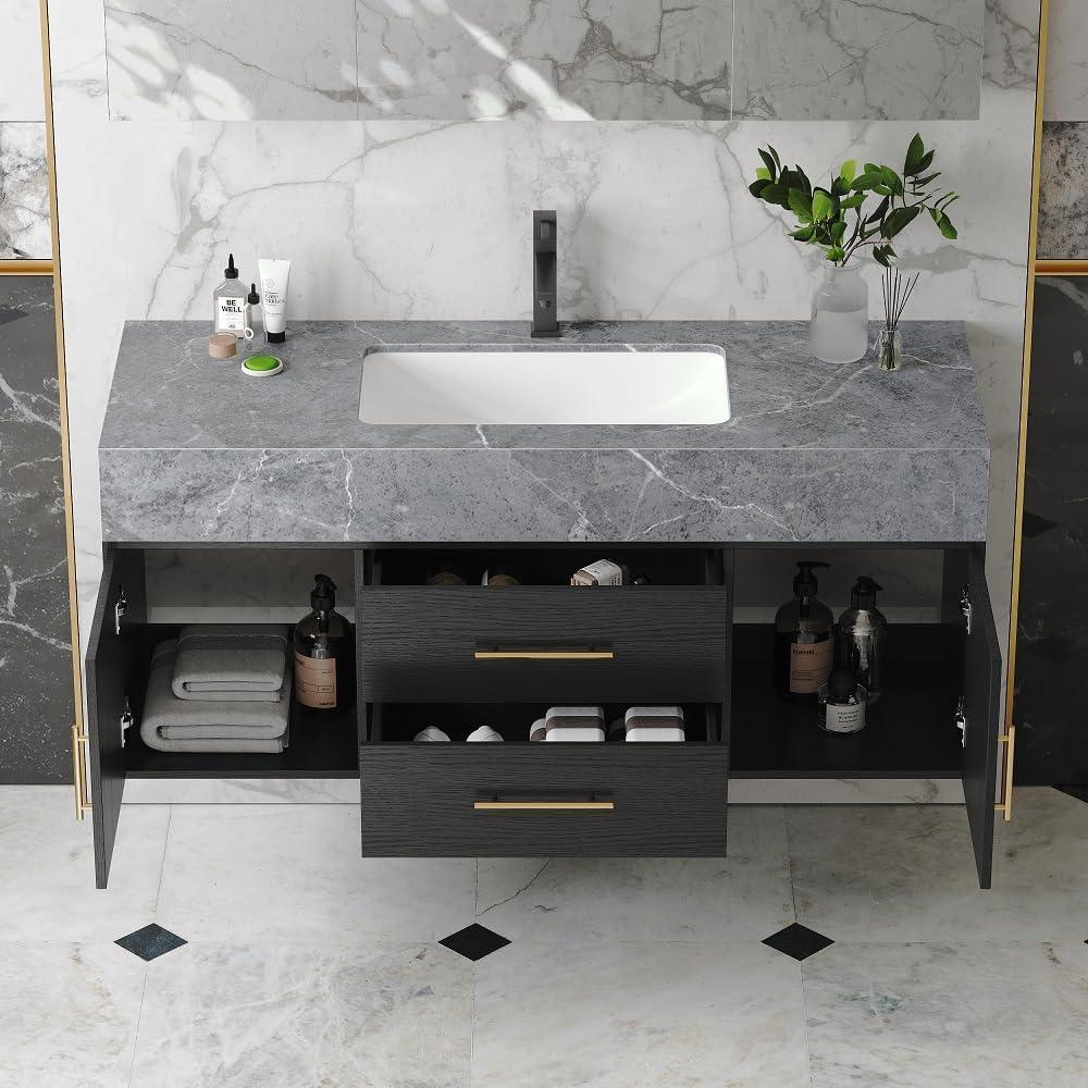 Floating Bathroom Vanity with Sink, 39.5 Inch Modern Bathroom Vanity Cabinet with Sintered Stone Top, Ceramic Undermount Sink, 2 Drawers, Black (Wall Mounted, Gold Handle)