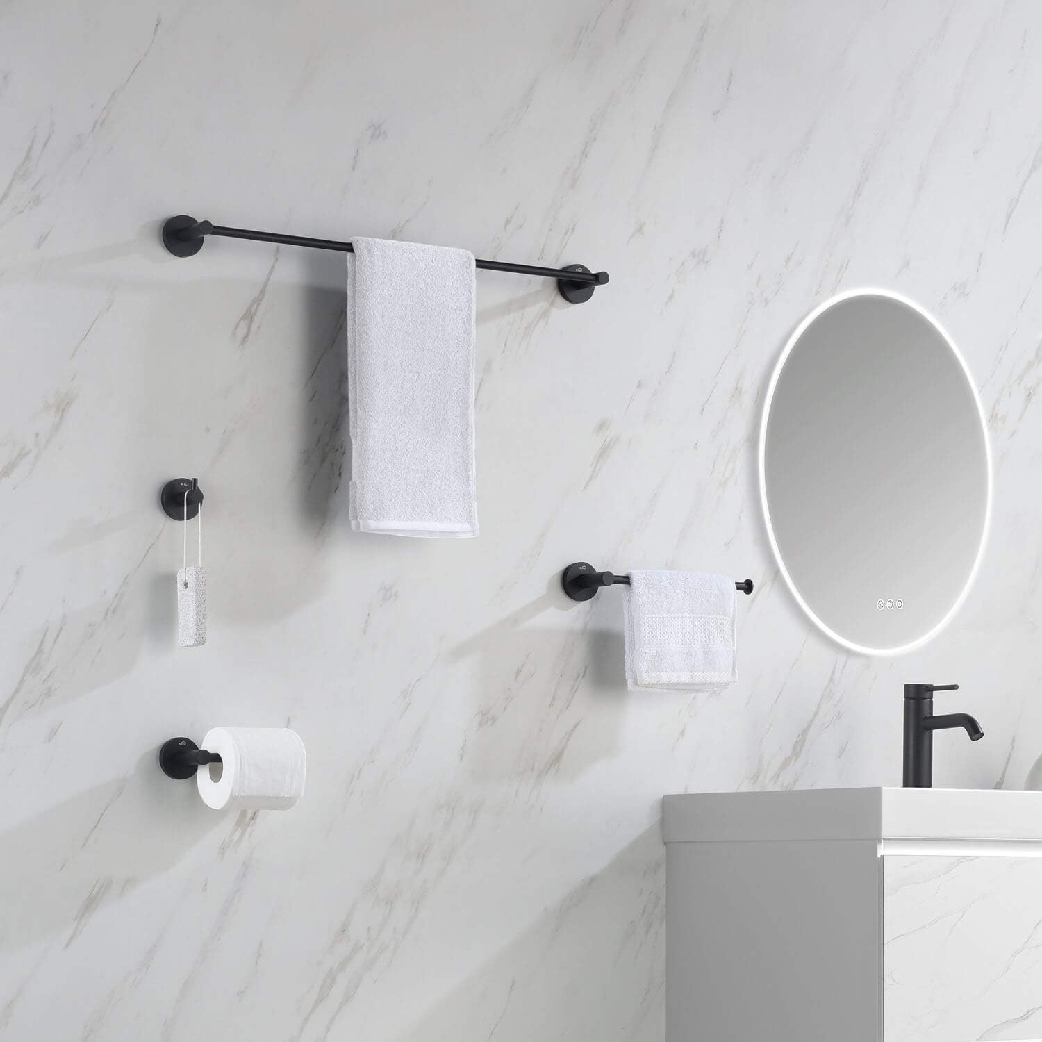 KIBI 4-Piece Circular Bathroom Hardware Set - Matte Black Finish | Includes Towel Bar, Towel Ring, Toilet Paper Holder, and Robe Hook | Durable Solid Brass Construction and Rust-Resistant (C-KBA14-4)