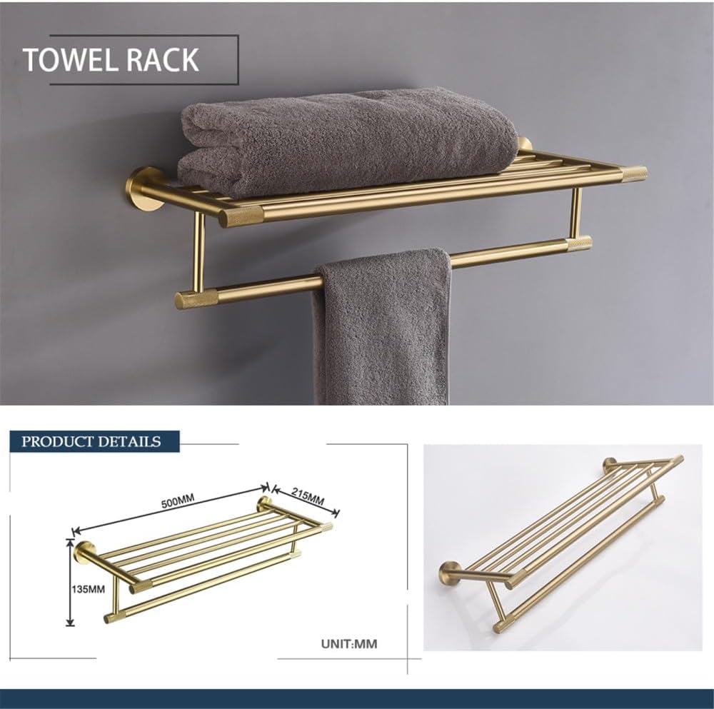 Brushed Gold Brass Bathroom Accessories Set - Hand Towel Bar, Toilet Paper Holder, Robe Hook, Knurled Wall Mount Rack - Elegant & Functional Home Décor for Luxurious Bathrooms