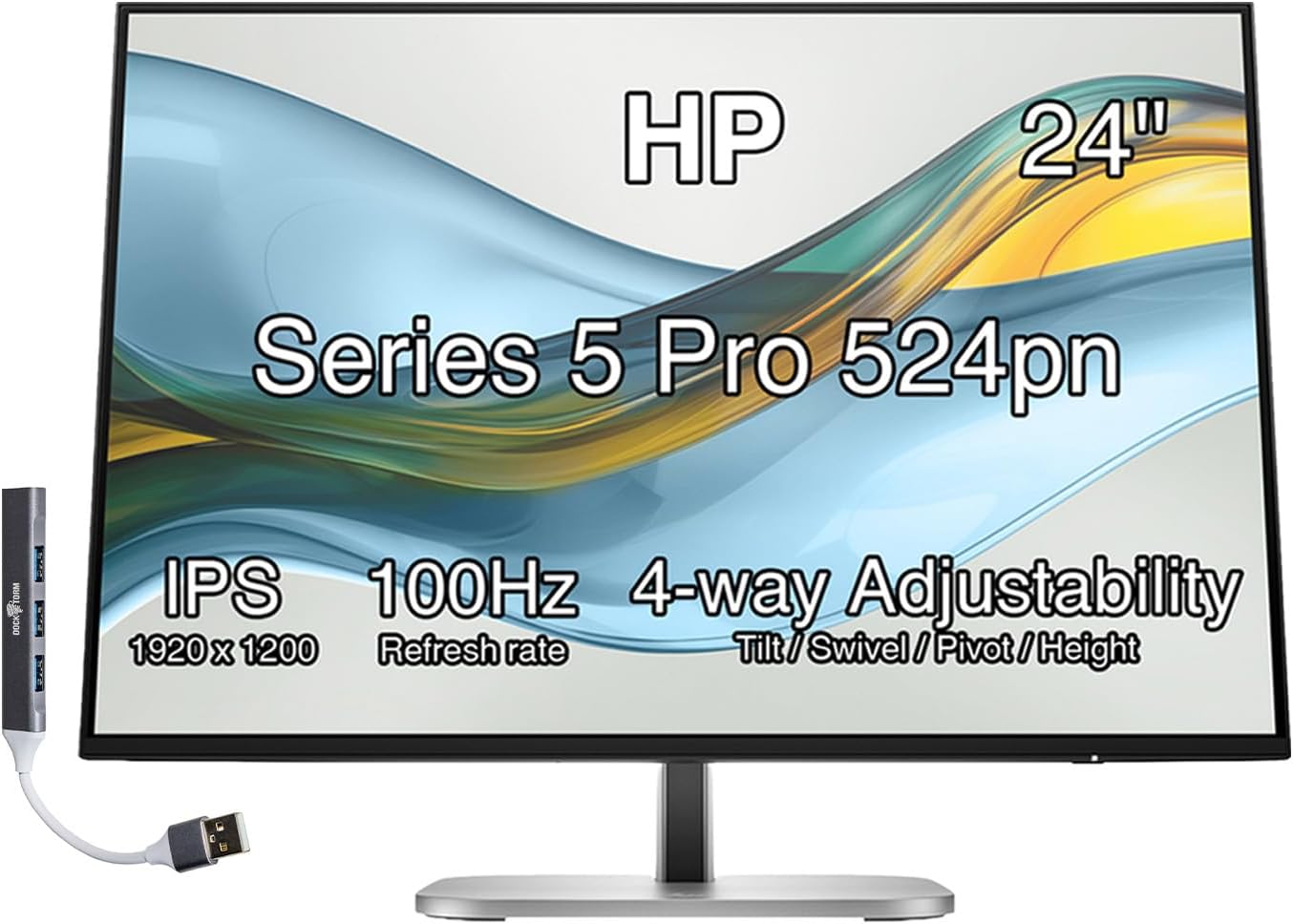 HP Series 5 Pro 24' 100Hz 300 Nits WUXGA IPS Monitor, Anti Glare, Flicker Free, VESA Mount (100mm), Adjustable Tilt, Swivel, Pivot, Displayport & Dockztorm USB Port Expander, Black/Silver Color