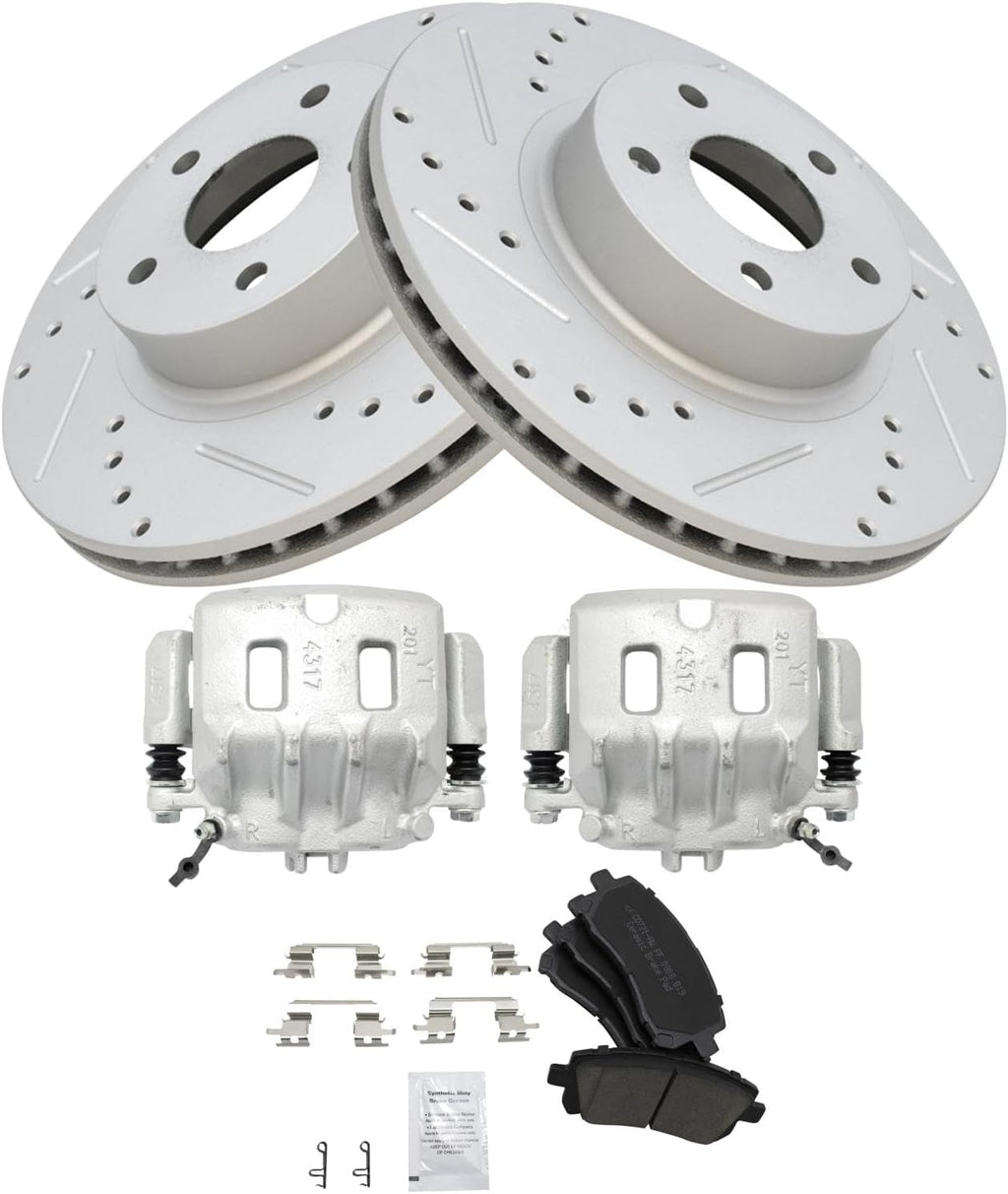 TRQ Performance Front Brake Pad and Rotor Set Ceramic Drilled Slotted Coated Rotors Calipers Compatible with 1998-2002 Subaru Forester 1997-2002 Legacy 1998-2001 Impreza 2000 Outback