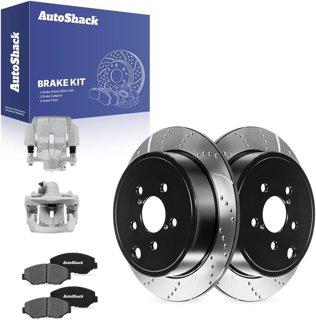 AutoShack Rear Brake Rotors, Ceramic Pads & Calipers for Subaru, Impreza 2008-2014 Forester 2009-2013 WRX 2013-2014, AWD H4 2.5L - E-Coated Drilled & Slotted - ShadowGuard - 11.25' (285.8 mm), 5-Lug