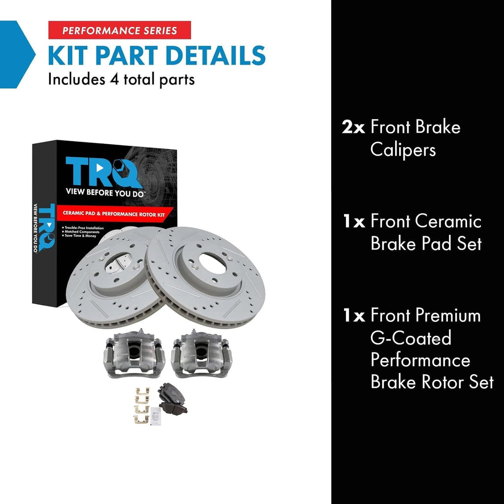 TRQ Performance Front Brake Pad and Rotor Set Ceramic Vented Coated Slotted Drilled Rotors Calipers Compatible with 2011-2014 Hyundai Sonata