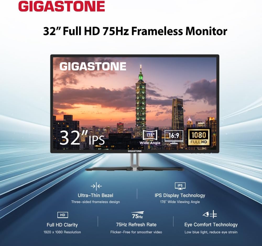 Gigastone 32 inch IPS LED Back Light Monitor 75Hz FHD 1920 x 1080, 178° Wide View Frameless Computer Monitor 5ms, Eye Care Technology, Ergonomic Tilt VESA Mount, HDMI VGA