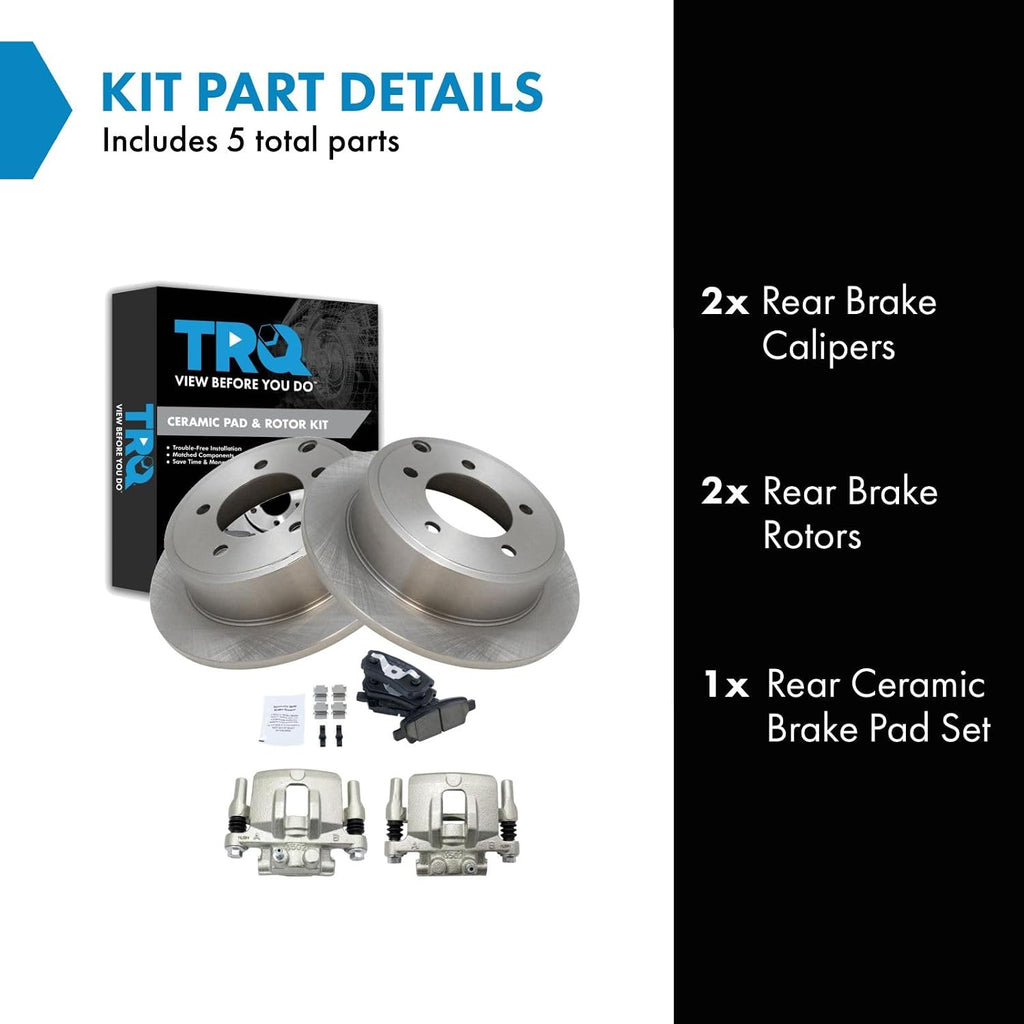TRQ Rear Ceramic Brake Pad and Rotor Set Includes Calipers Compatible with 08-16 Jeep Compass with Rear Disc Brakes with 262 mm Diameter Rotors