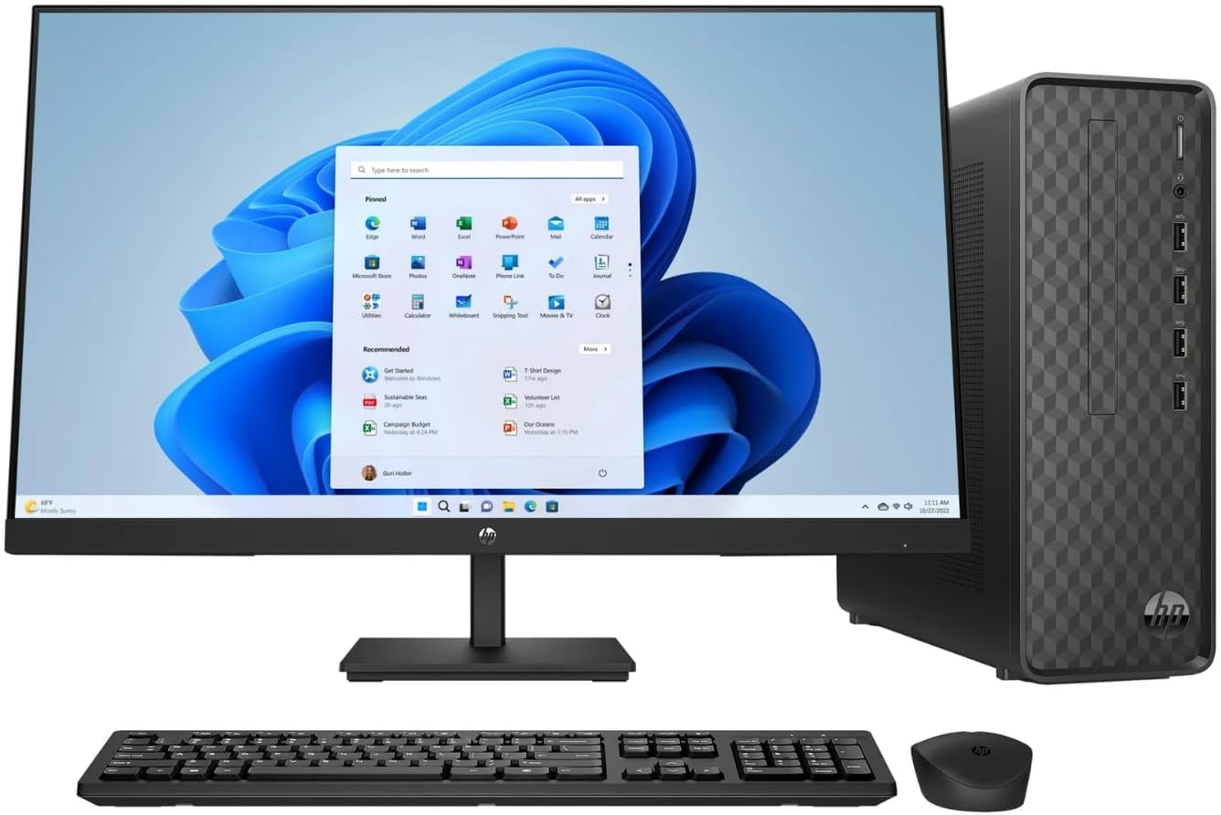 HP 27-inch Monitor, Slim Desktop Bundle, Intel Core i3-12100, 8GB RAM, 512GB SSD, Windows 11, Wireless Keyboard and Mouse, Full HD Display, Home and Office PC Setup