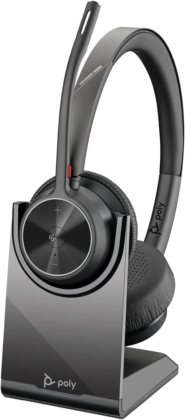 Poly Voyager 4320 UC Wireless Headset & Charge Stand - Stereo Headphones with Noise-Canceling Boom Mic + Charging Station + USB-C to A Adapter + USB C Dongle + USB A-C Cable + Pouch + Microfiber Cloth