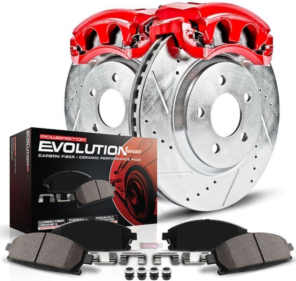 PowerStop Front Brake & Caliper Kit for Mazda Miata 1994-97 | Mazda Miata 1999-05 - Carbon-Fiber Ceramic Brake Pads + Drilled & Slotted Rotors + Red Powder Coated Calipers, KC793