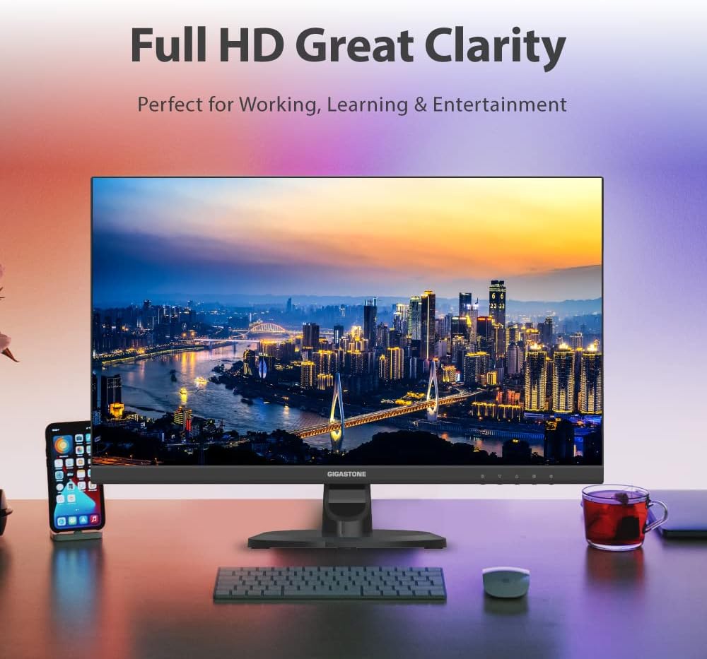 Gigastone 27 inch IPS LED Back Light Monitor 75Hz FHD 1920 x 1080, 178° Wide View Frameless Computer Monitor 5ms, Built-in Speakers, Eye Care Technology, Ergonomic Tilt VESA Mount, HDMI VGA