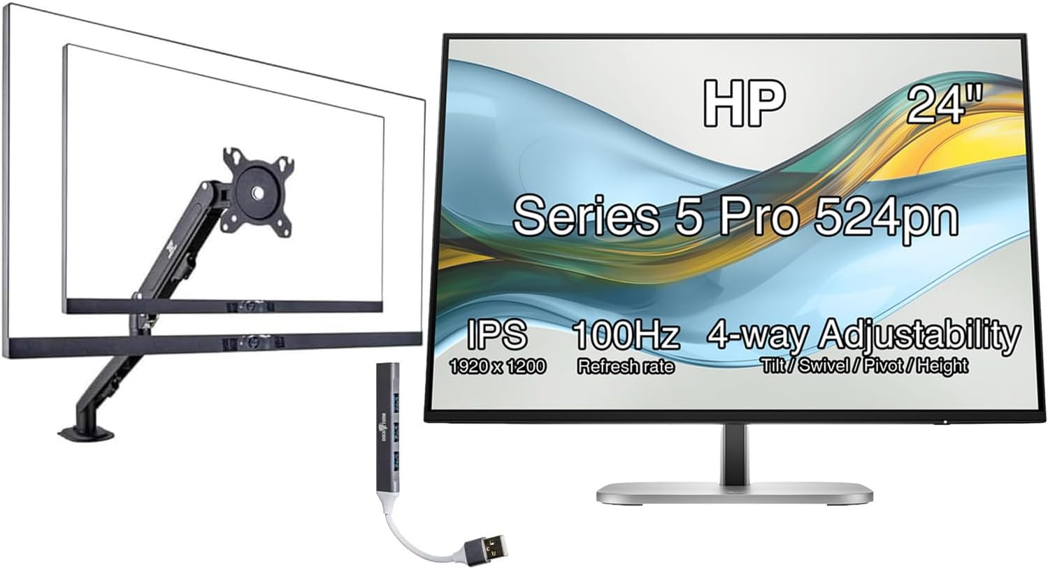 HP Series 5 Pro 524pn 24' WUXGA IPS Monitor with 5ms Response Time, Flicker Free, VESA Mount (100mm), Displayport, HDMI, Black/Silver (9D9A7AA#ABA) with DKZ Hub & ErgoFlexy Single Monitor Mount