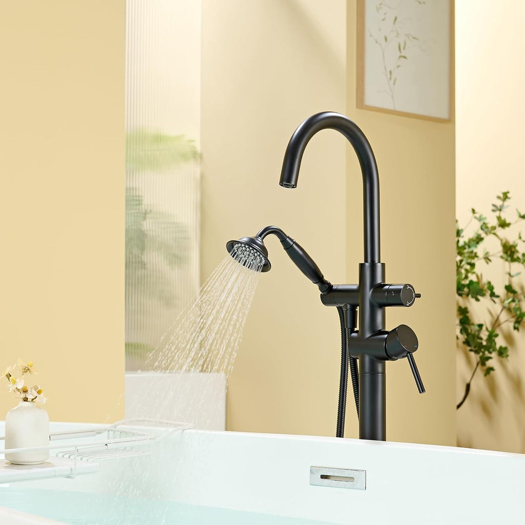 Wowkk Tub Filler Freestanding Bathtub Faucet Black Floor Mounted Brass Bathroom Tub Faucets with Hand Shower