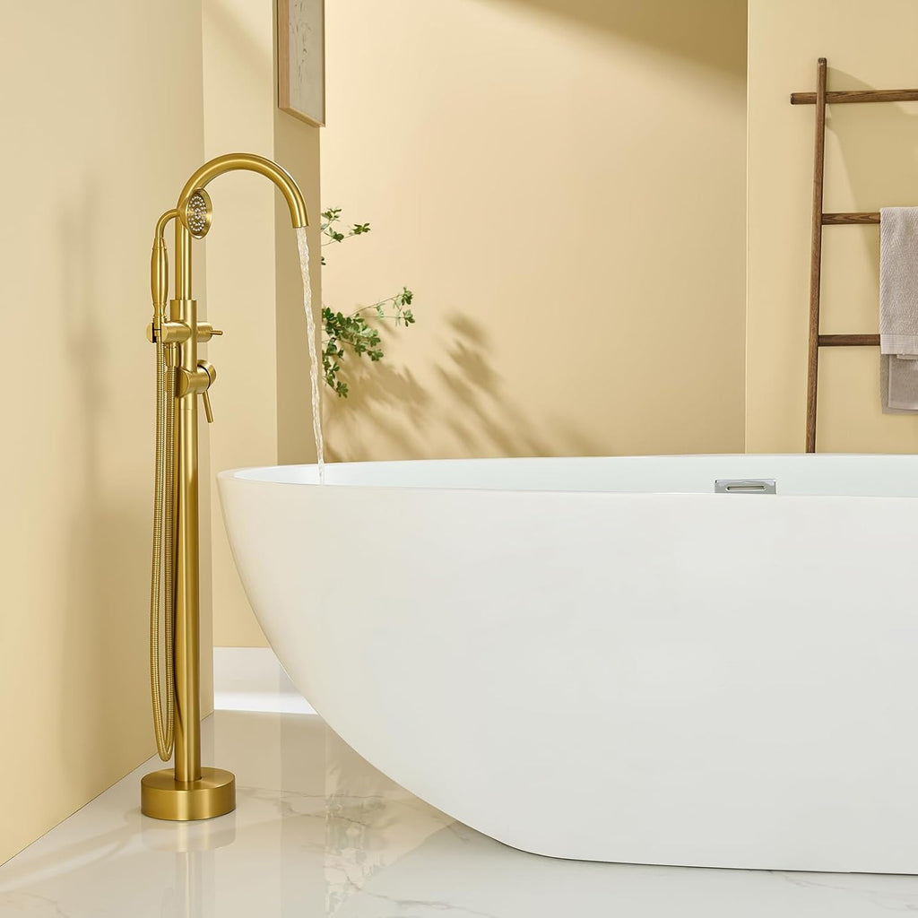 Wowkk Tub Filler Freestanding Bathtub Faucet Brushed Gold Floor Mounted Brass Bathroom Tub Faucets with Hand Shower