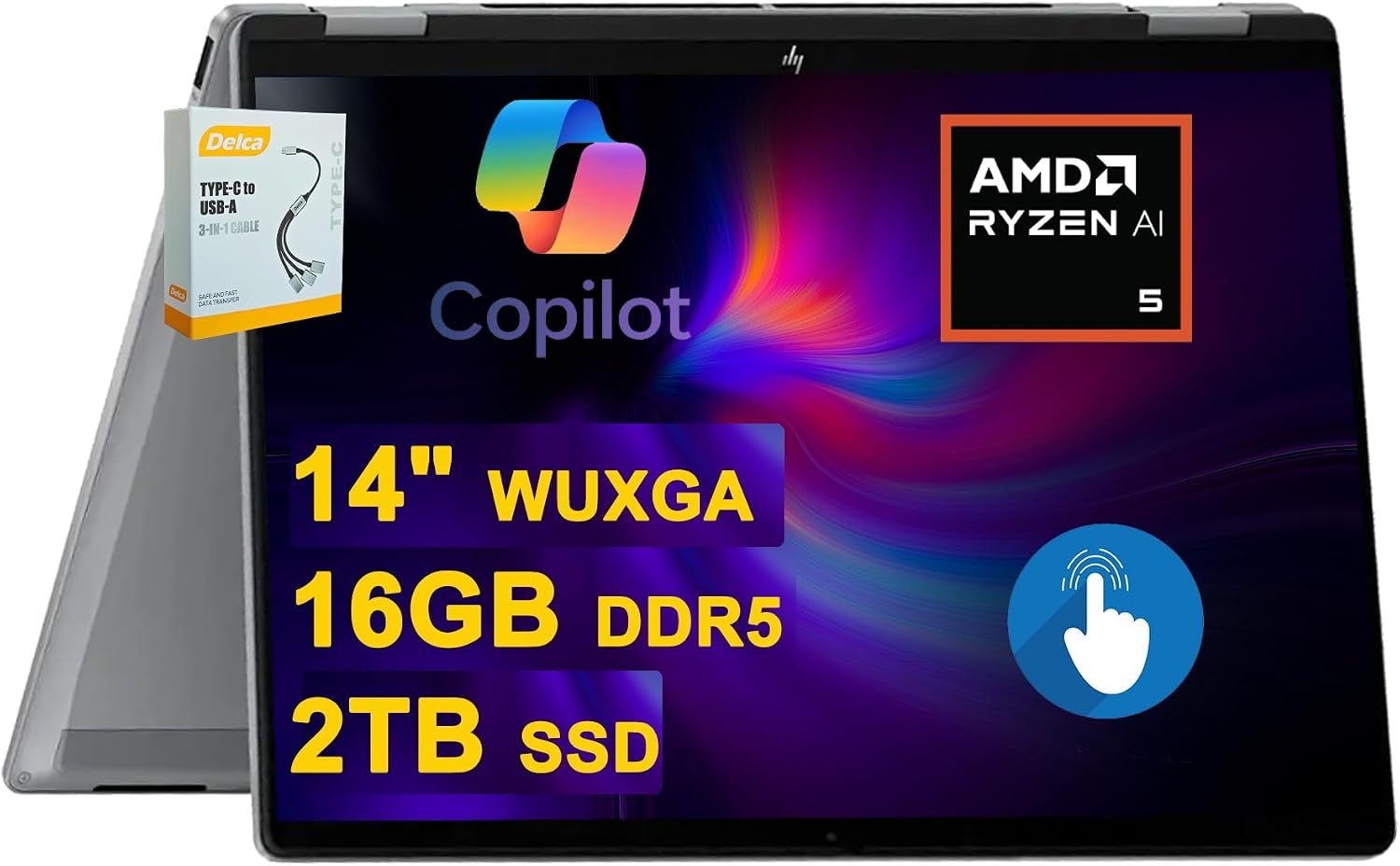 HP OmniBook X Flip 2-in-1 AI PC Laptop | 14' WUXGA Touch 400nits | AMD 6-core Ryzen AI 5 340 (Up to 50 Tops) | 16GB DDR5 2TB SSD | Backlit Wi-Fi6E 5MP IR Camera Poly Win11 w/DLCA Accessory