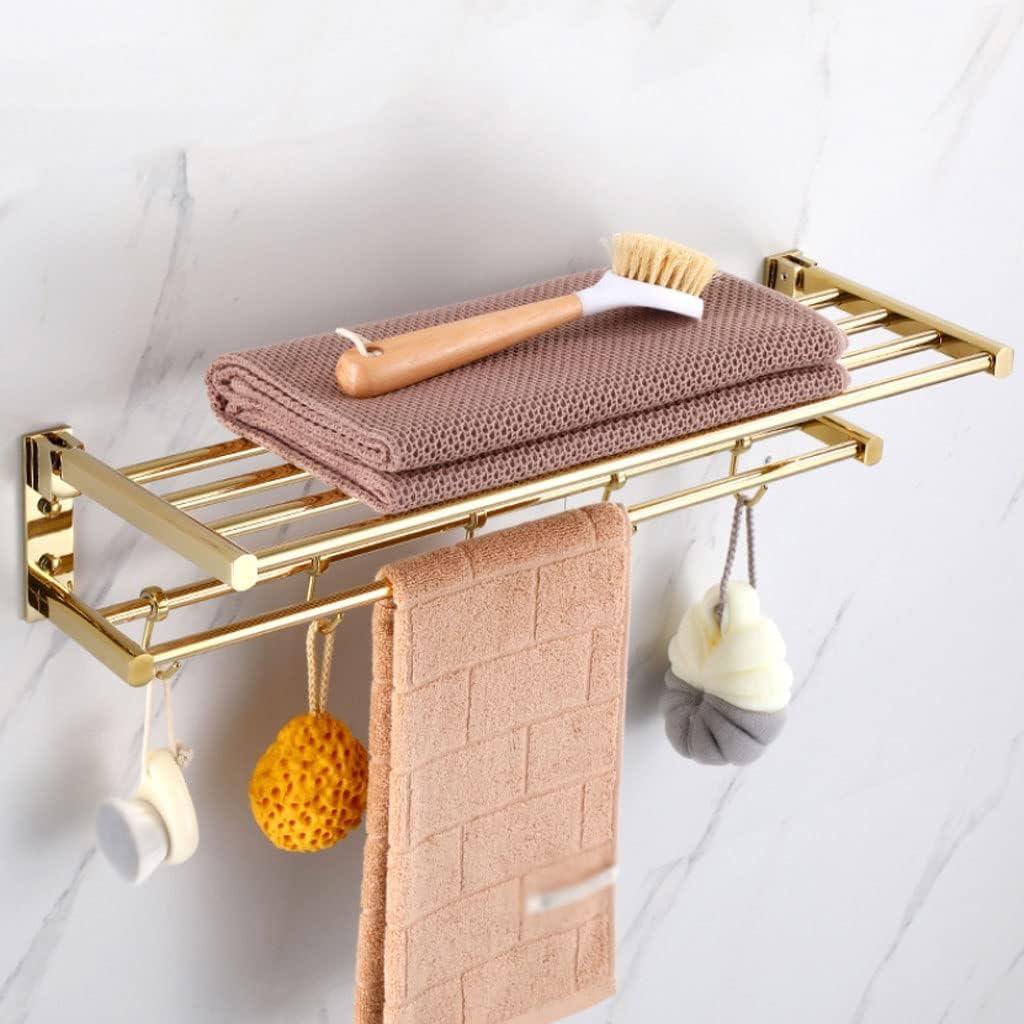 Foldable All Copper Towel Rack with 5 Hooks Wall Mounted Double Towel Shelf for Bathroom Towel Holder with Towel Bar and Hooks 59cm Gold Color,A-gold-59Cm