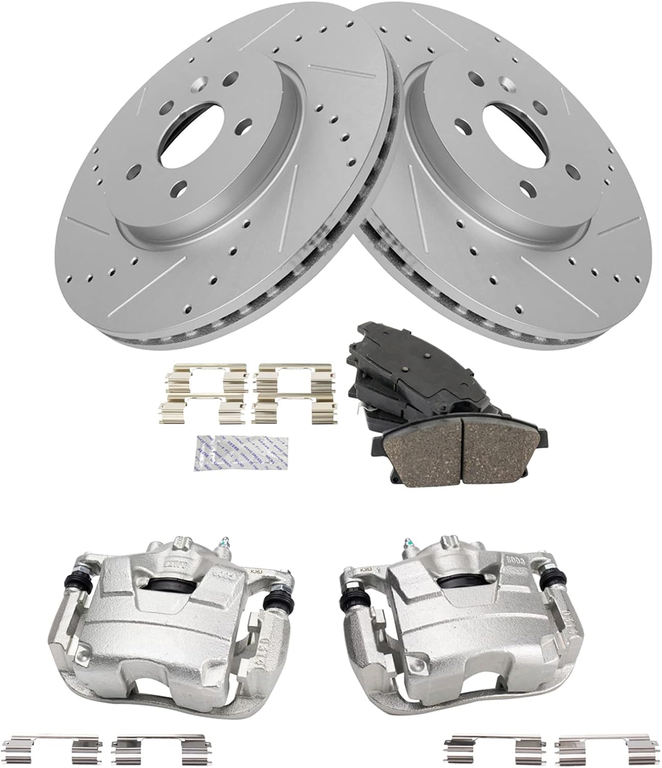 TRQ Performance Front Brake Pad and Rotor Set Ceramic Vented Coated Drilled Slotted Rotors Calipers Compatible with 2013-2017 Buick Encore 2015-2017 Chevrolet Trax