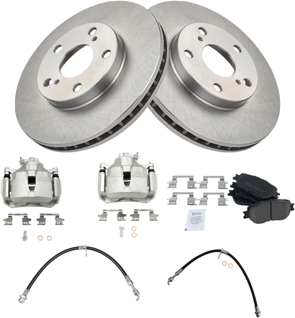 TRQ Front Brake Pad and Rotor Set Ceramic Rotors Calipers Hoses Compatible with 2002-2006 Toyota Camry LE
