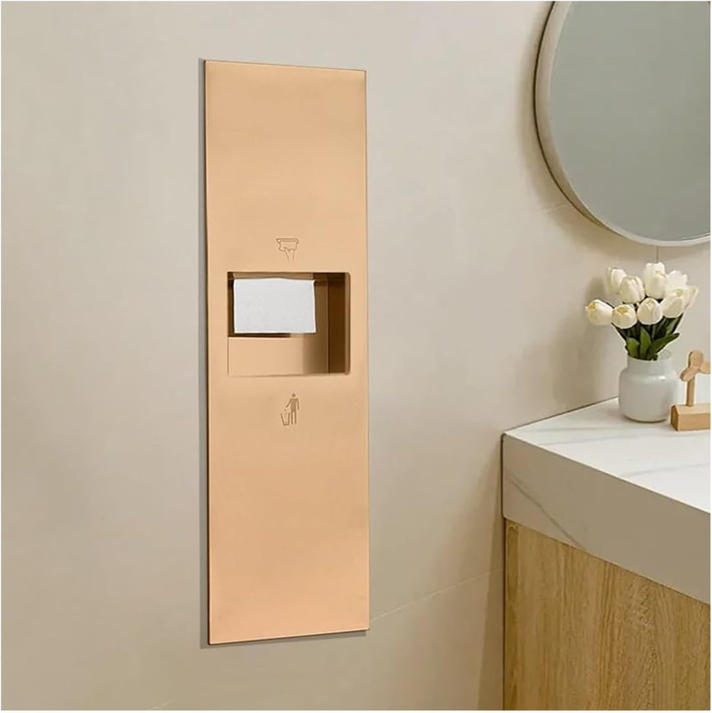 Recessed Convertible Paper Towel Dispenser/Waste Receptacle Combination Unit, Satin Stainless Steel for Hotel Public Bathroom Kitchen, Silver(Gold,33x120x14CM)