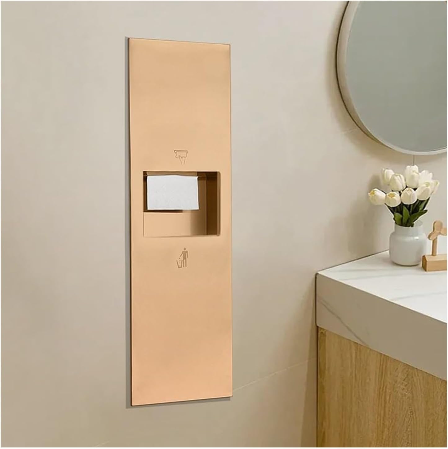 Recessed Convertible Paper Towel Dispenser/Waste Receptacle Combination Unit, Satin Stainless Steel for Hotel Public Bathroom Kitchen, Silver(Gold,33x120x14CM)