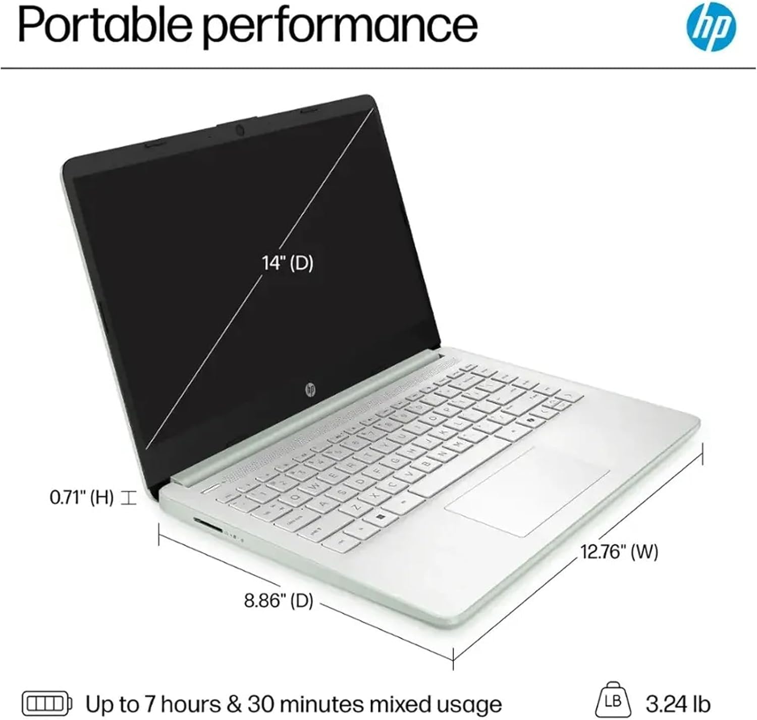 HP 14' HD Laptop with Microsoft Office and 1TB Cloud Storage (1-Year)| 4GB RAM| 128GB SSD & 128GB Portable SSD| Intel 4-Core CPU (Beat i3-10110U)| Ultra Light| Webcam| Windows 11| RK Bundle|Green