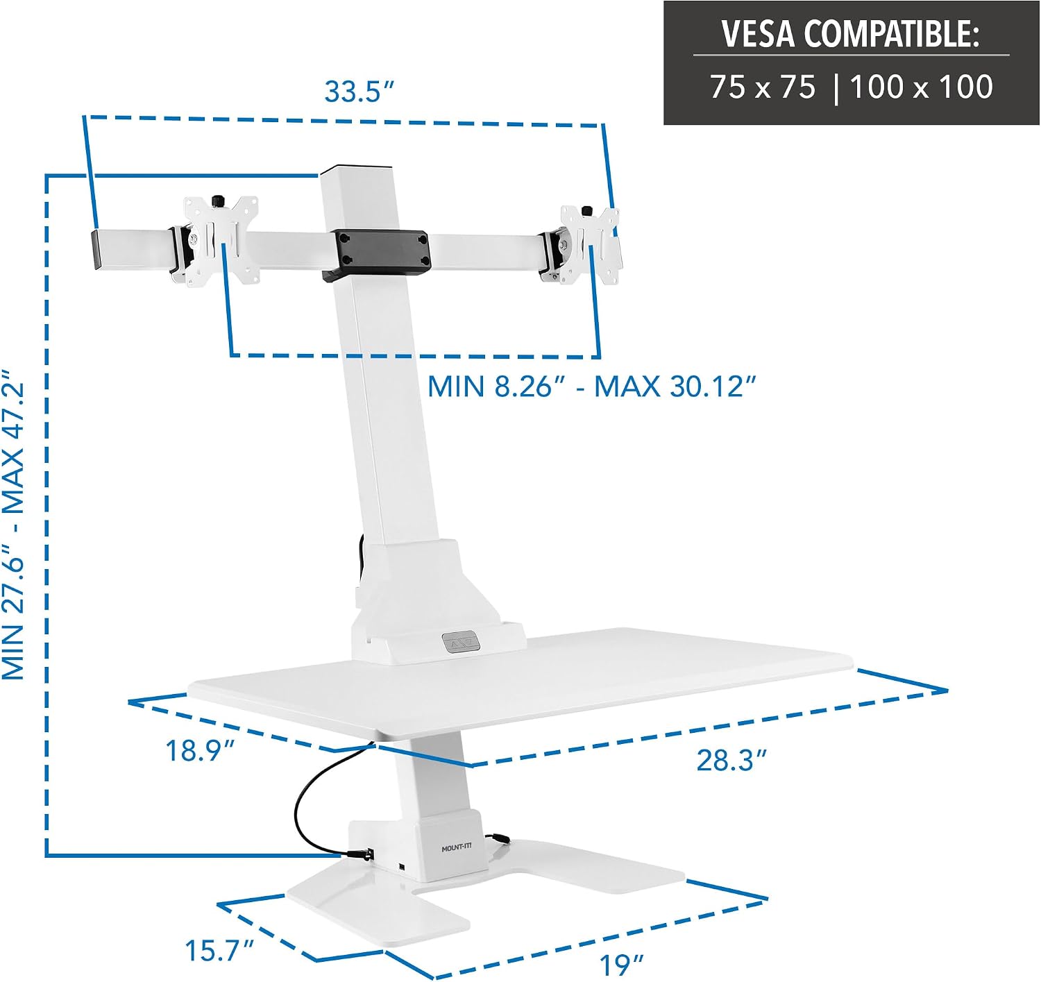 Mount-It! Electric Standing Desk Converter, Motorized Sit Stand Desk Riser with Dual Monitor Mounts, Adjustable Height Ergonomic Workstation with 28' Wide Platform and Tablet/Phone Slot, White
