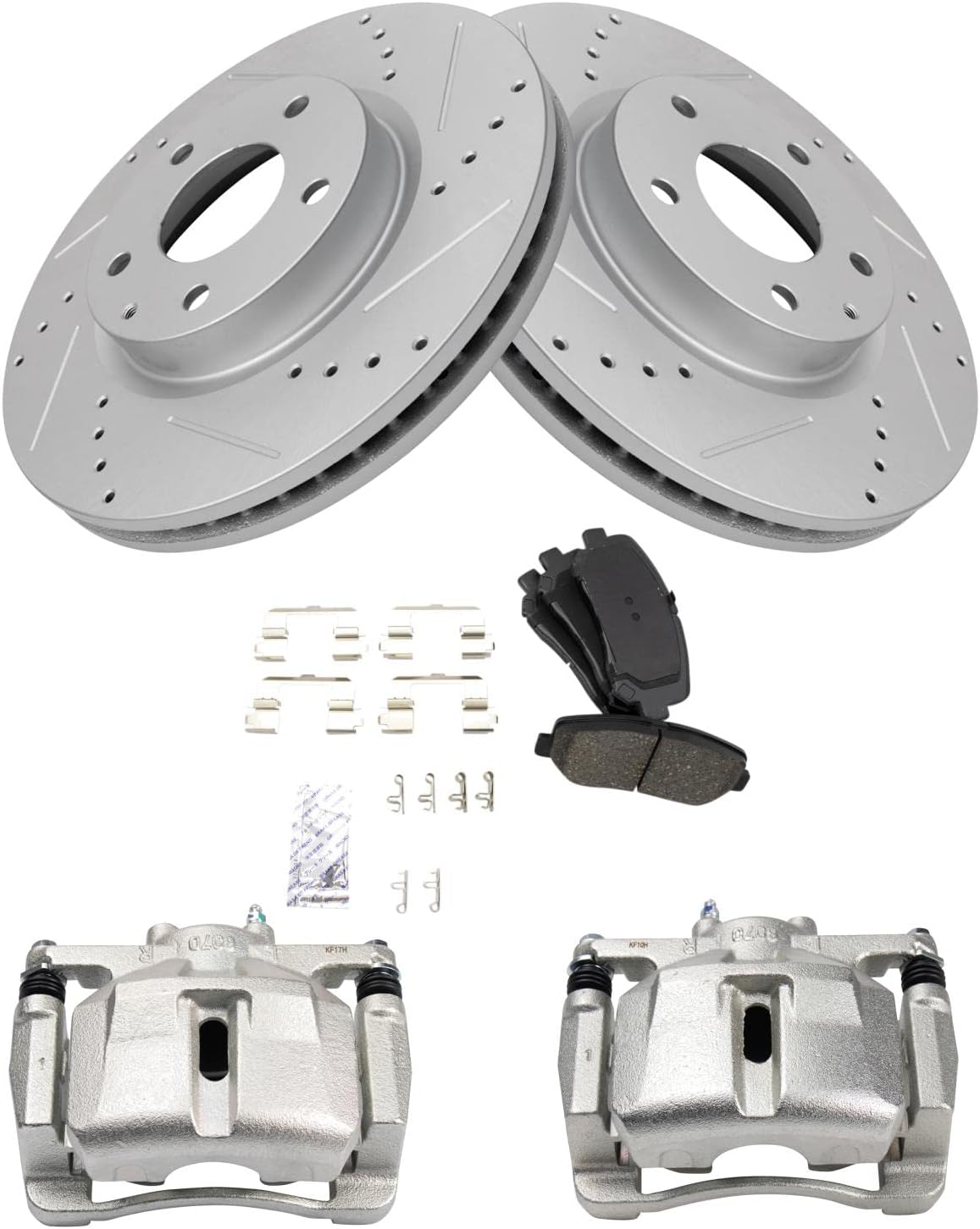 TRQ Performance Front Brake Pad and Rotor Set Ceramic Vented Coated Slotted Drilled Rotors Calipers Compatible with 2013-2015 Mazda CX-5