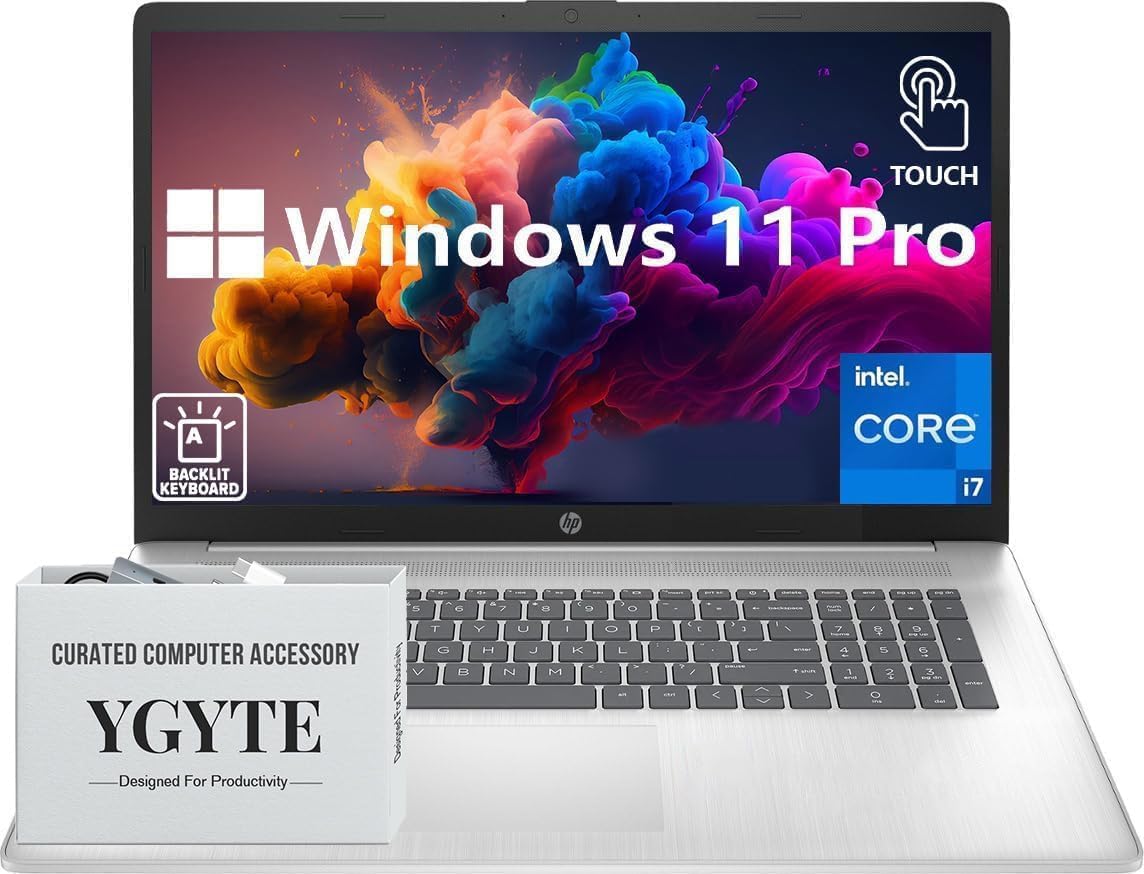 HP 17 Inch Laptop Touch Screen, 17.3 Touchscreen Laptop Computer, Intel Core i7, 16GB RAM, 512GB SSD, Windows 11 Pro, Backlit Keyboard, 10 Key Number Pad