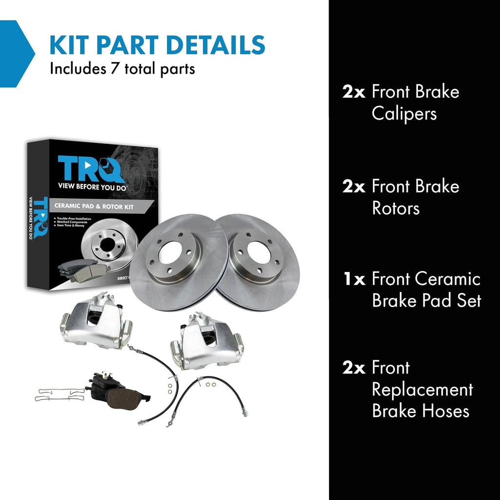 TRQ Front Brake Pad and Rotor Set Ceramic Rotors Calipers Hoses Compatible with 2004-2007 Mazda 3 2006-2007 5