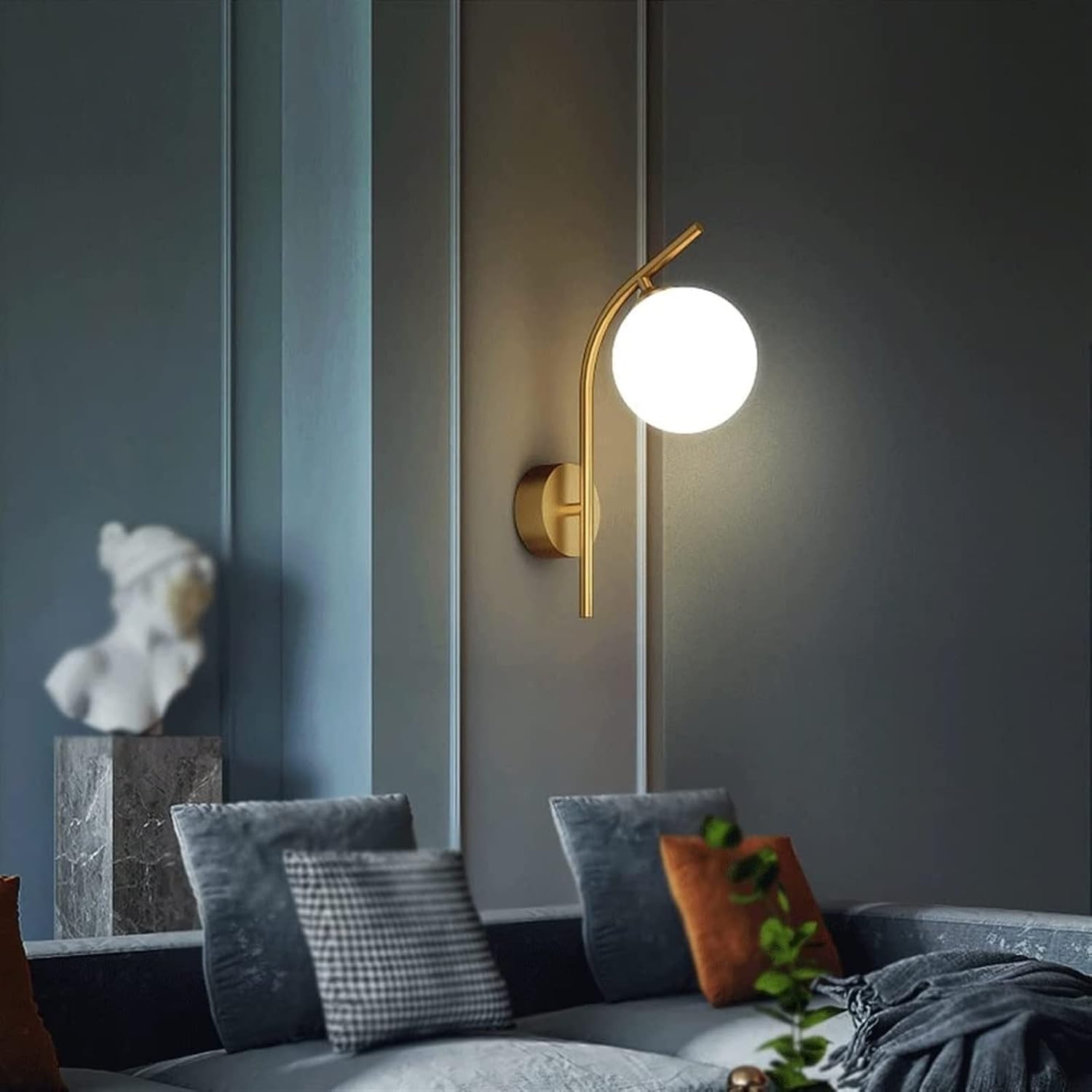 Modern Indoor Wall Sconce Lighting Fixture, Gold Wall Mounted Lamp, Creative LED Wall Light for Living Room Bedroom Bedside Corridor Stairway Bathroom, Brass Finish - White Glass Shade