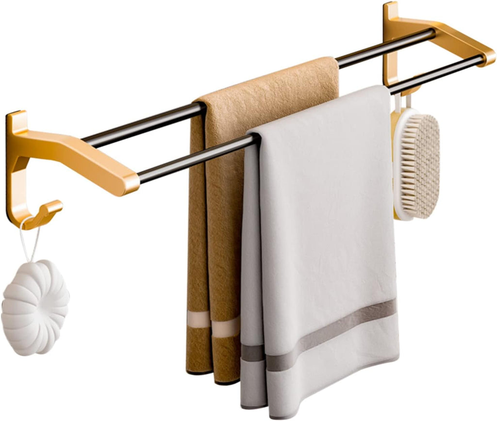 Towel Rack No Drilling Towel Holder with Hook Towel Shelf Adhesive Double Bar Wall Mounted Space Aluminum for Bathroom Kitchen,Gold,60cm Bathroom (Gold 60cm)