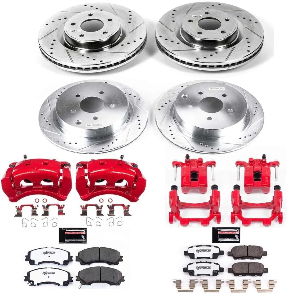 PowerStop Front and Rear Brake & Caliper Kit for INFINITI Q50 2014-24 | INFINITI Q60 2017-22 - Drilled & Slotted Disc Rotors + Carbon-Fiber Ceramic Brake Pads + Red-Powder Coated Calipers, KC8006-26