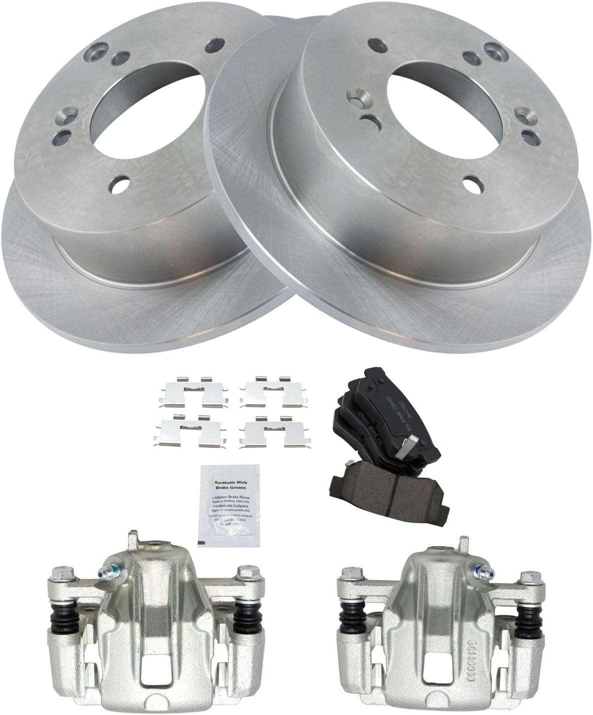 TRQ Rear Brake Pad and Rotor Set Ceramic Solid Rotors Calipers Compatible with 2006-2008 Hyundai Sonata 2005-2009 Tucson 2006-2010 Kia Optima 2005-2010 Sportage