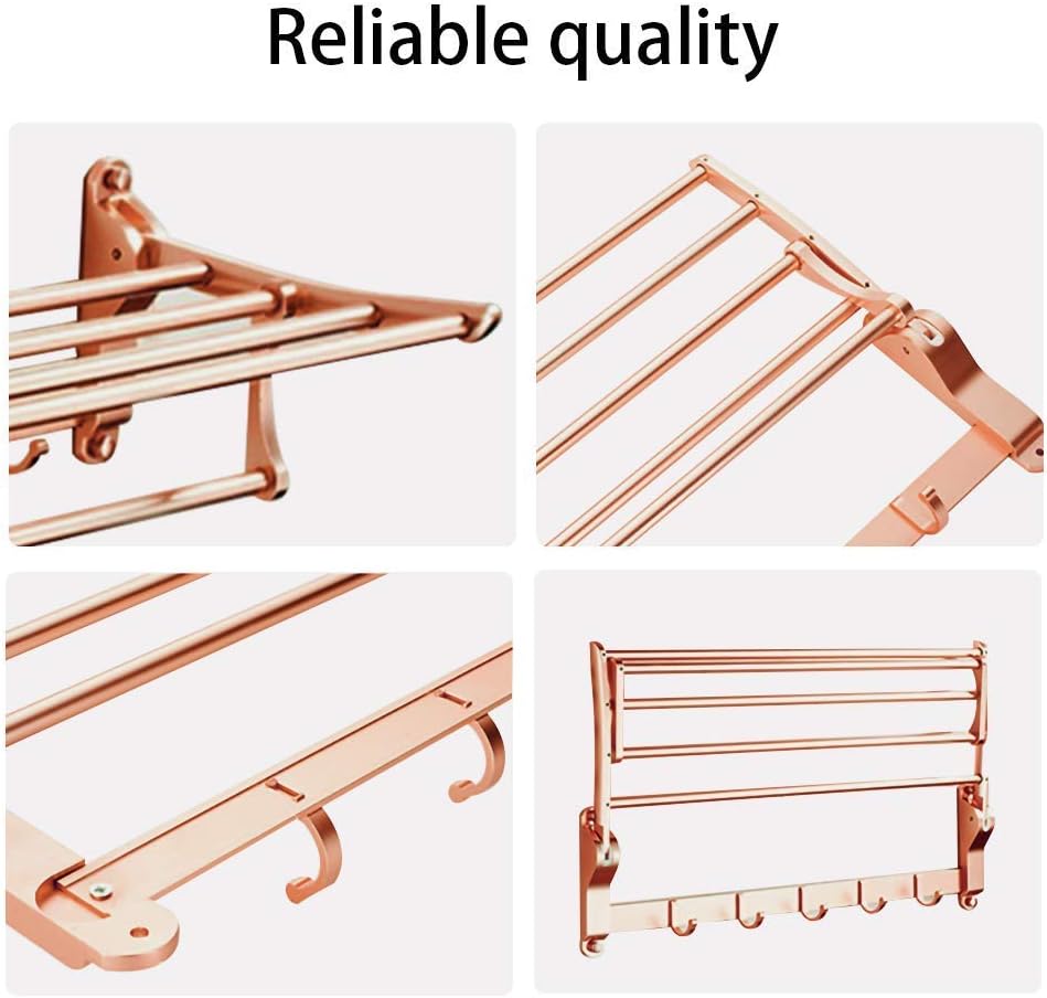 Bathroom Towel Rail Foldable Double Wall-Mounted Towel Holder with Hooks 60cm Aluminum Towel Rack with Multi Towel Bar for Kitchen Bathroom Toilet Hotel Office (Rose Gold)