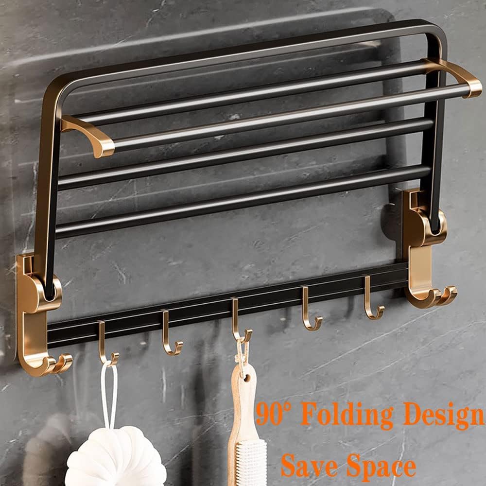 Modern Black and Gold Bathroom Towel Rack with Double Rail and Hooks Wall Mounted Aluminum Towel Storage Holder for No Drill Installation 60cm