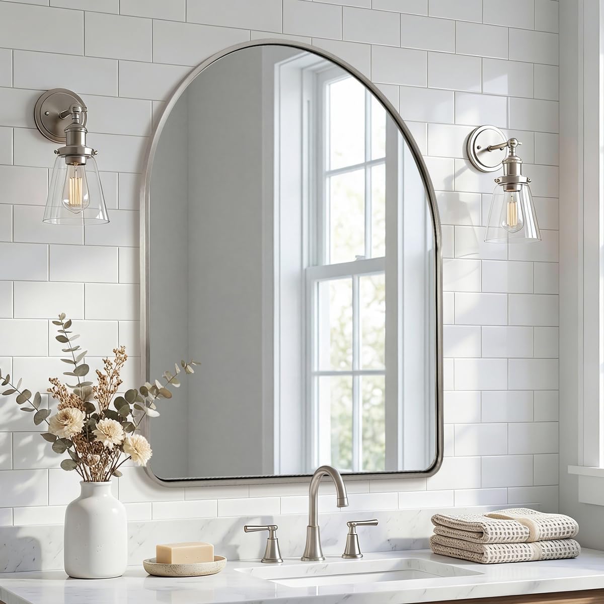 ANDY STAR Arched Wall Mirror, 24x30'' Brushed Nickel Bathroom Mirror, Arch Bathroom Mirror SUS304 Stainless Steel Frame 1'' Deep Set Wall Mounted Vertical for Bathroom Remodel,Over Sinks, Home Decor