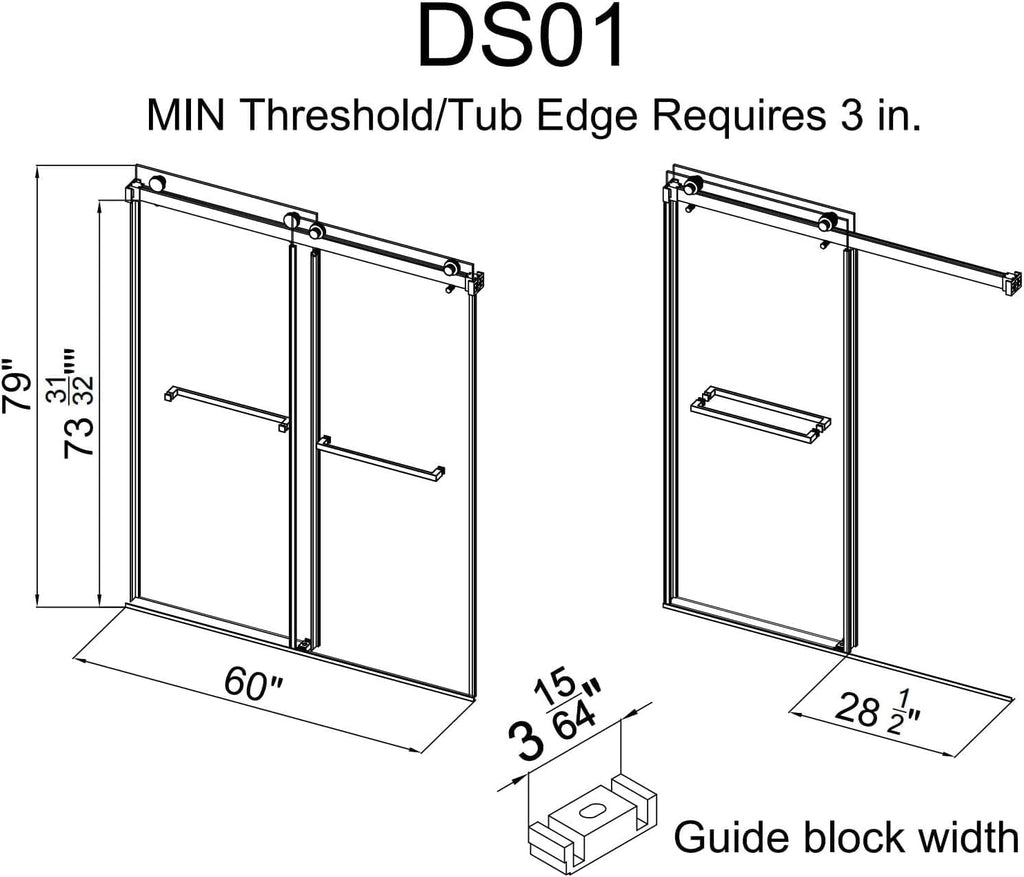 56-60' W x 79' Ultra-Clear Single Sided Frosted Shower Doors Double Sliding Frameless 3/8'(10mm) Tempered Glass with Towel Bar Handle (Brushed Gold)