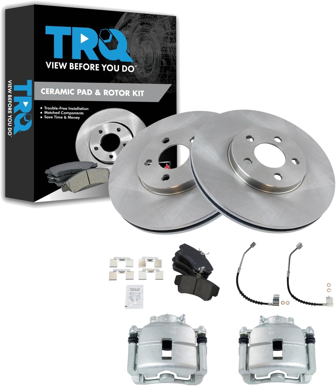 TRQ Front Brake Pad and Rotor Set Ceramic Rotors Calipers Hoses Compatible with 2001-2009 Chrysler PT Cruiser