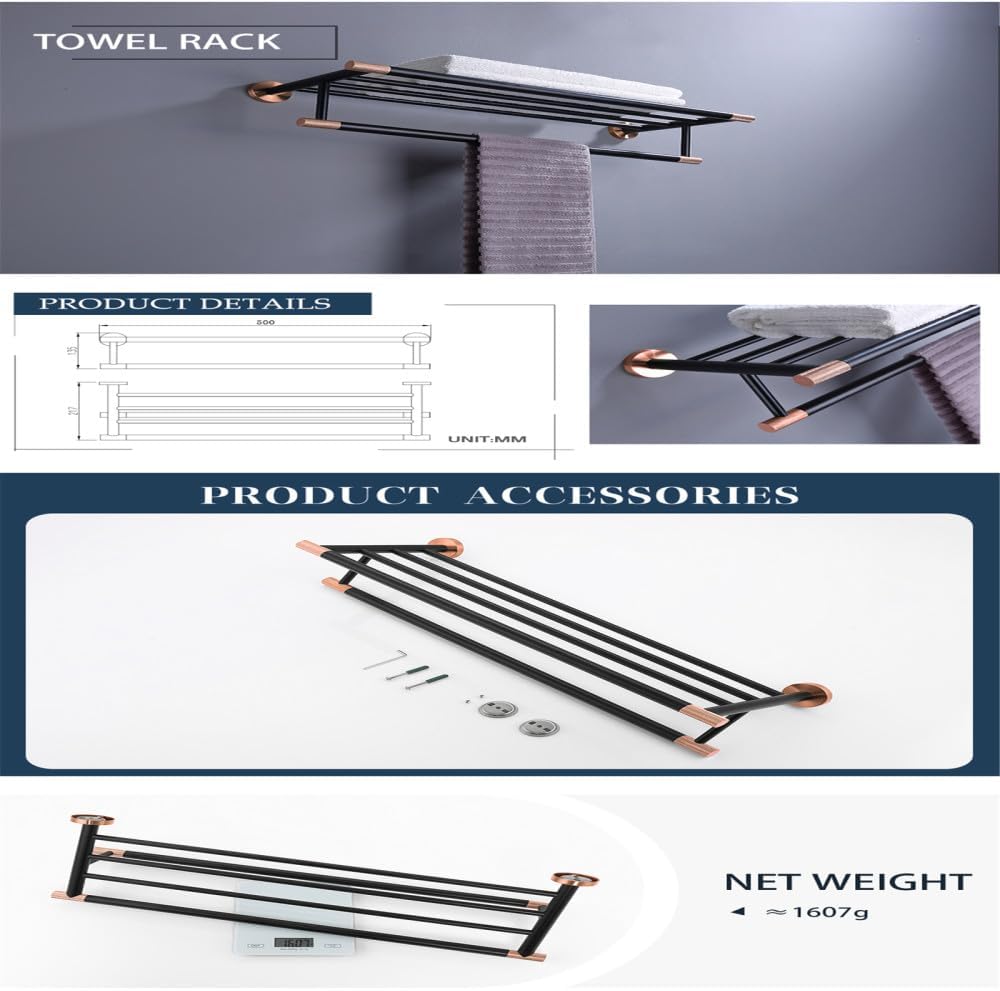 Rose Gold Matte Black Stainless Steel Bathroomardware Set Modernccessories foromeécor Towel Rack Toilet Paperolder Ring Brush Stylish Fixtures(4 Pieces Set C)