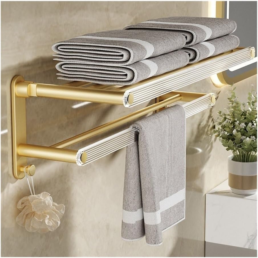 Gold Aluminum Wall Mounted Bathroom Shelves with Foldable Towel Rack and Double Towel Bar Organizer Over Toilet Storage Hanger,