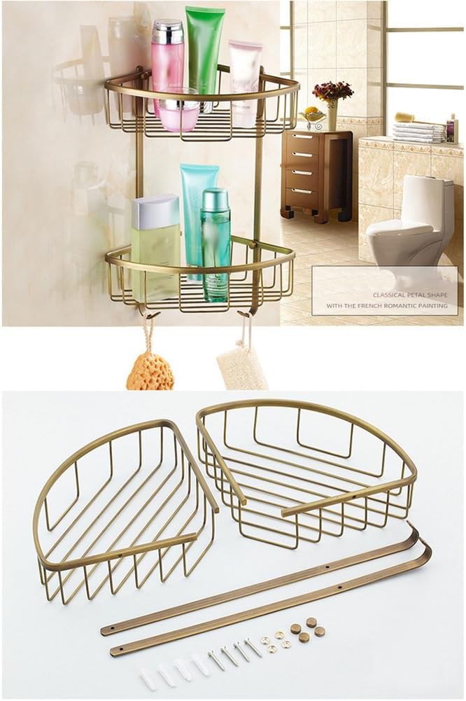 Bathroom Hardware Set,Towel Rack Set for Bathroom European Antique Brass Bath Towel Bar Toilet Wall Hanging Bathroom Pendant Towel Rack Stand,Double Layer Tripod Basket